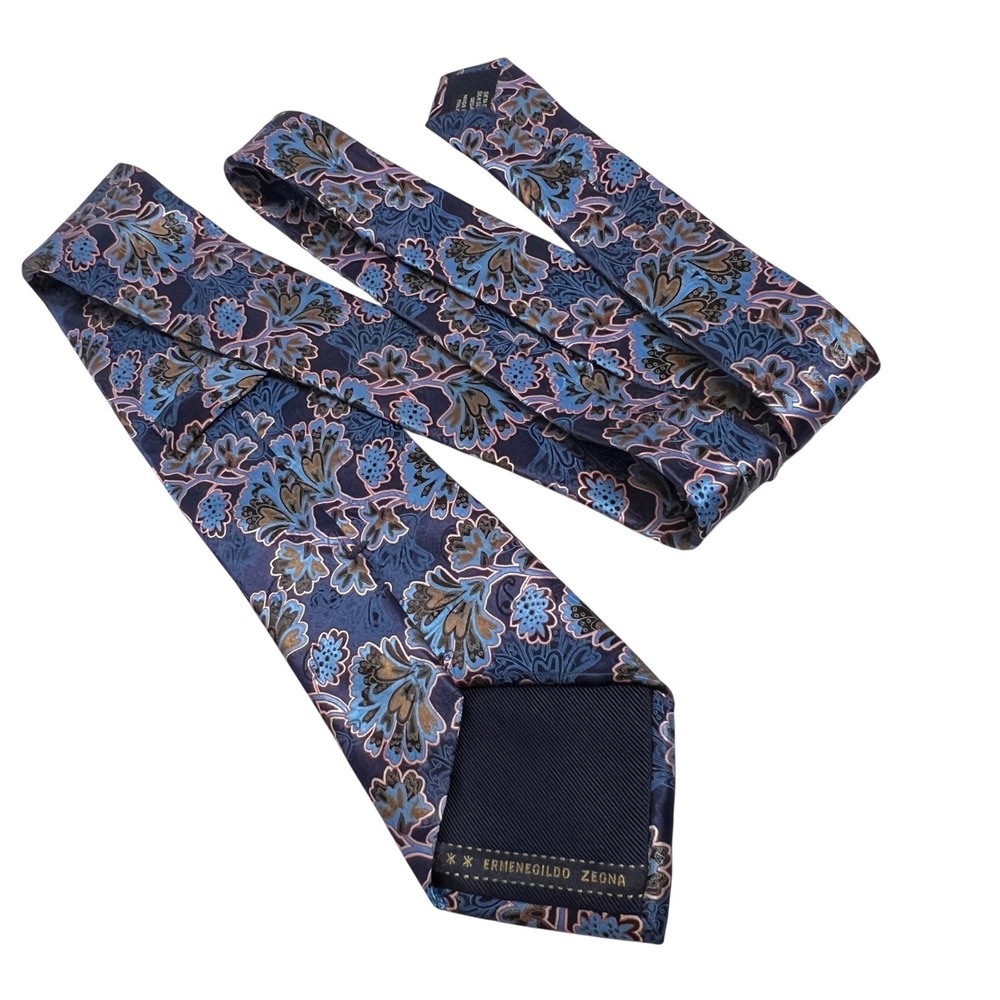 Ermenegildo Zegna Silk Tie Mens  Blue Brown Floral Paisley Made in Italy Luxury - Picture 2 of 9